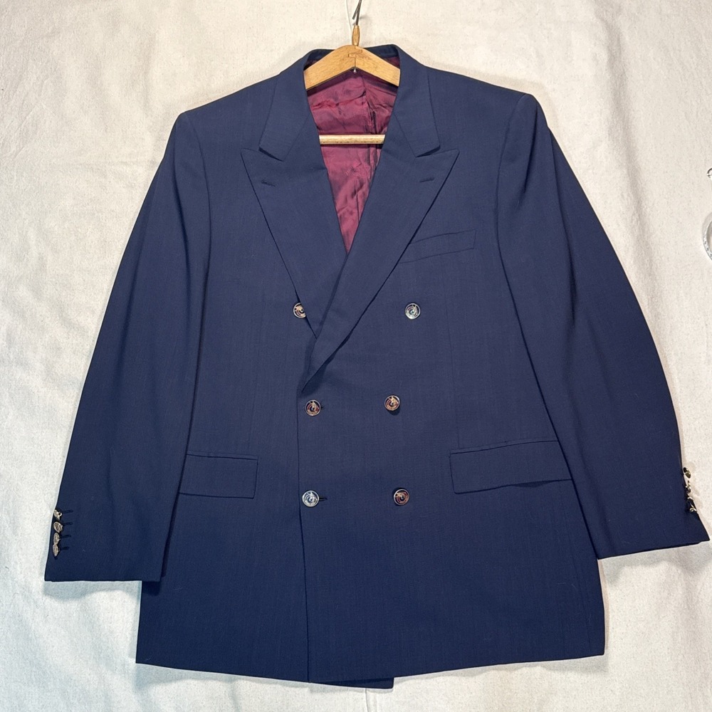 Brioni Roma Double Breasted Peak Lapel Navy Wool Suit Jacket Gold Buttons 44US